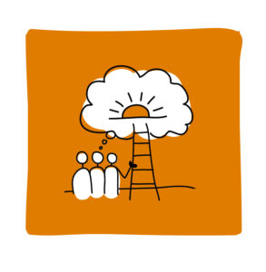 tekening mensen kijken naar trap met bovenaan wolk waarin een zon staat
