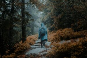 vrouw loopt in regen in dennenbos gantas-vaiciulenas-Re-zztQZ_Ks-unsplash