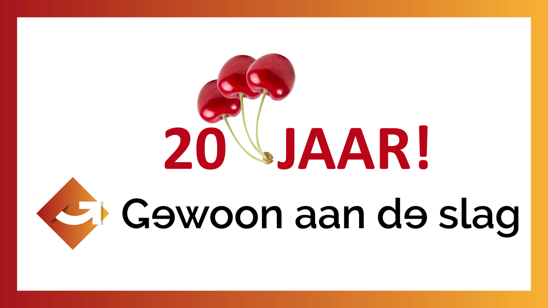 Beeldmerk 20 JAAR GADS met drie kersen op z'n kop, als zijnde ballonnen.