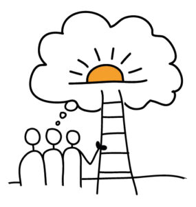 tekening mensen kijken naar trap met bovenaan wolk waarin een zon staat